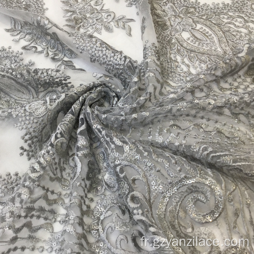 Tissus de broderie de fleurs à sequins gris brillants